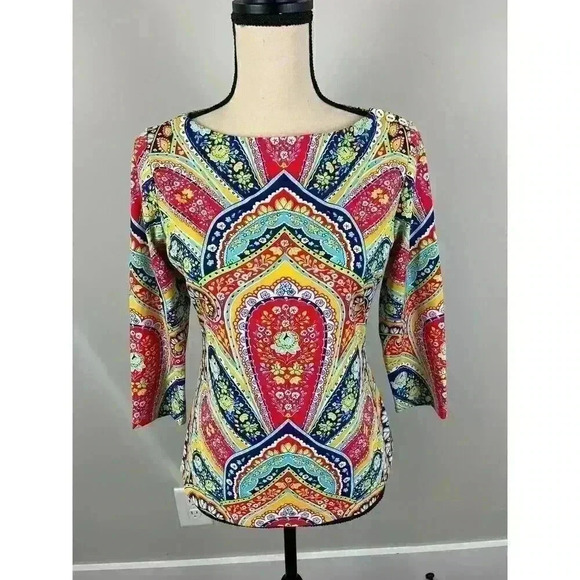 J. Mclaughlin Geometric Catalina Cloth Blouse S Colorful 3/4 Sleeve Spandex - Picture 1 of 12